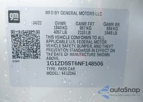 2022 Chevrolet Malibu Fwd Lt z USA, uszkodzony, nr VIN 1G1ZD5ST6NF148506